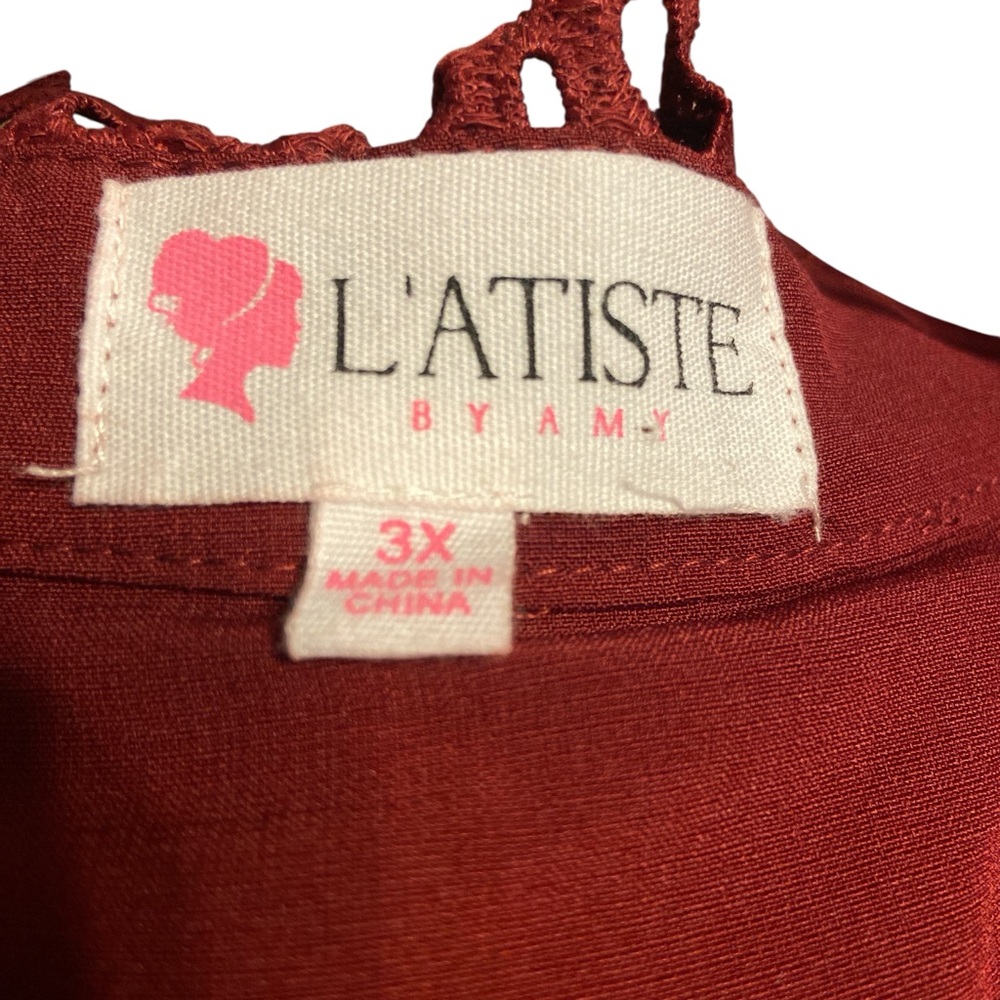 L'ATISTE Deep Red Lace Long Sleeve gold studded Dress - Picture 2 of 8